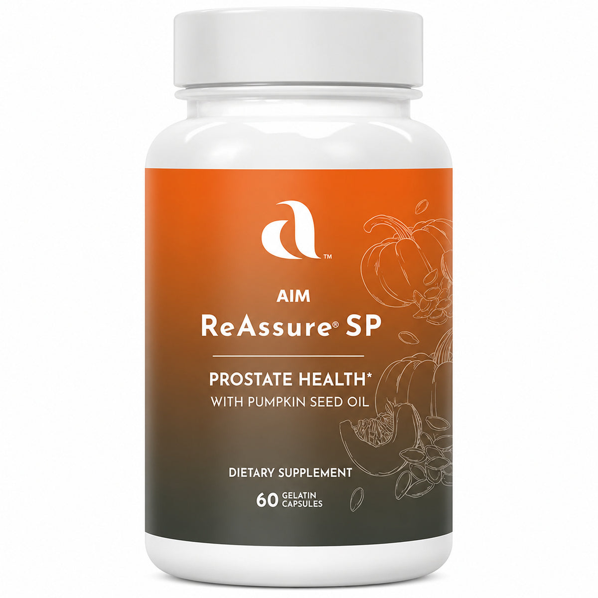 A white plastic bottle of AIM ReAssure SP dietary supplement with a white cap and an orange-to-dark-brown gradient label featuring pumpkin illustrations.