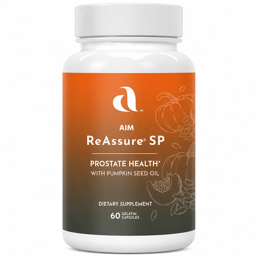 A white plastic bottle of AIM ReAssure SP dietary supplement with a white cap and an orange-to-dark-brown gradient label featuring pumpkin illustrations.