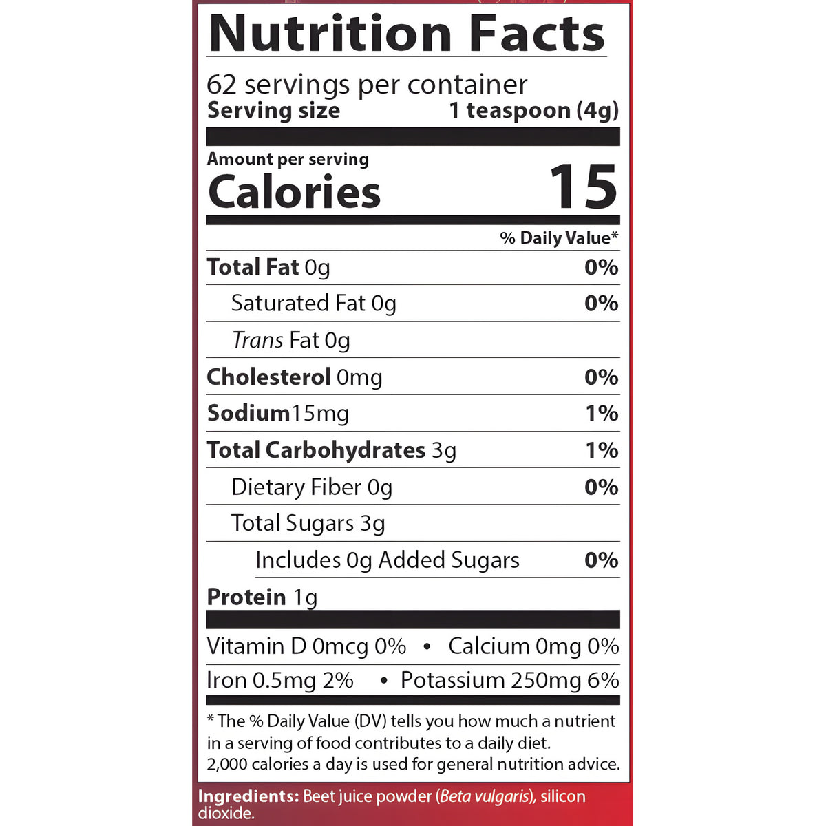 AIM RediBeets Nutrition facts label with the main ingredient of beet juice powder