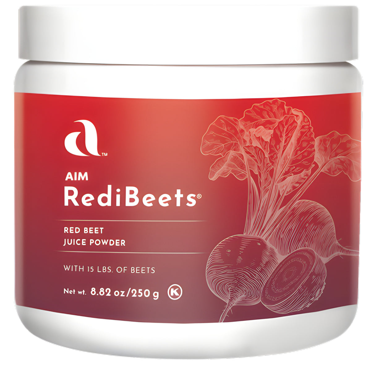 A white plastic tub of Aim RediBeets Red Beet Juice Powder with a red label showing beet illustrations.