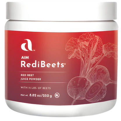 A white plastic tub of Aim RediBeets Red Beet Juice Powder with a red label showing beet illustrations.