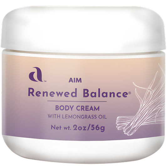 A white plastic jar of AIM Renewed Balance body cream with a lavender and peach gradient label, featuring purple text and a white botanical line drawing.