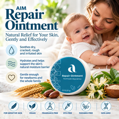 AIM Repair Ointment product shown with a round white and teal tin, alongside a mother holding a baby, natural ingredients like barley and flowers, and marketing text on a bright, clean background.