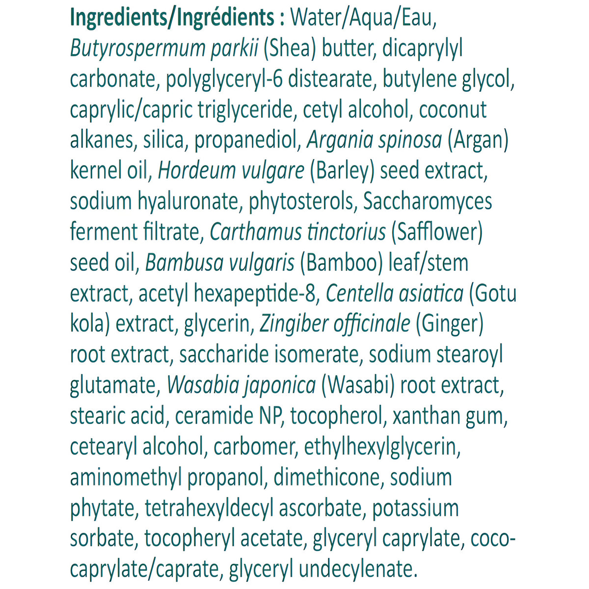 A dense list of ingredients, including water, Shea butter, caprylic/capryl triglyceride, butylene glycol, argan oil, barley seed extract, silica, spirulina, safflower, bamboo, wasabi, and various amino acids and enzymes.