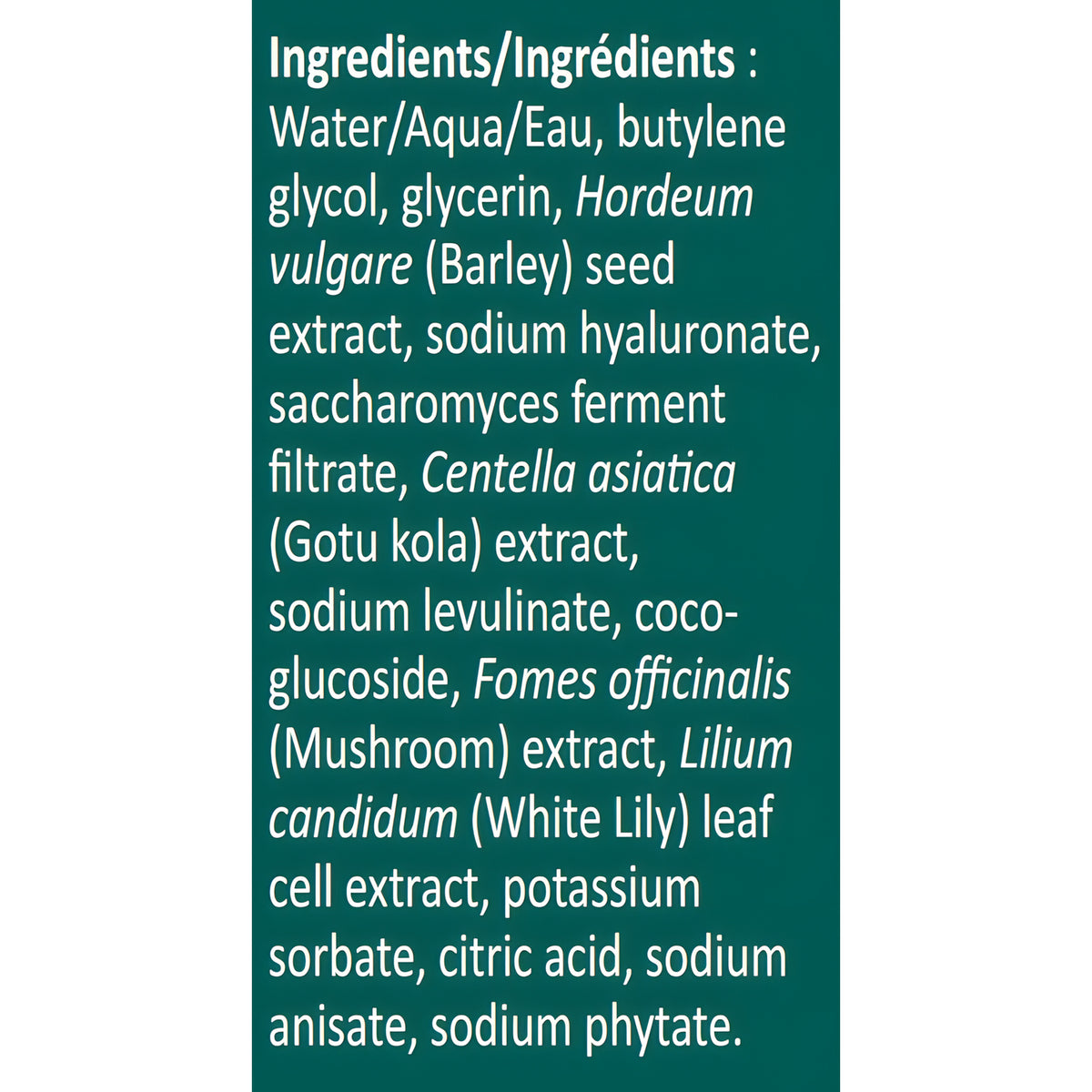A dark teal text panel with white ingredient list text detailing the components of Reply Essence Toner