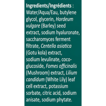 A dark teal text panel with white ingredient list text detailing the components of Reply Essence Toner