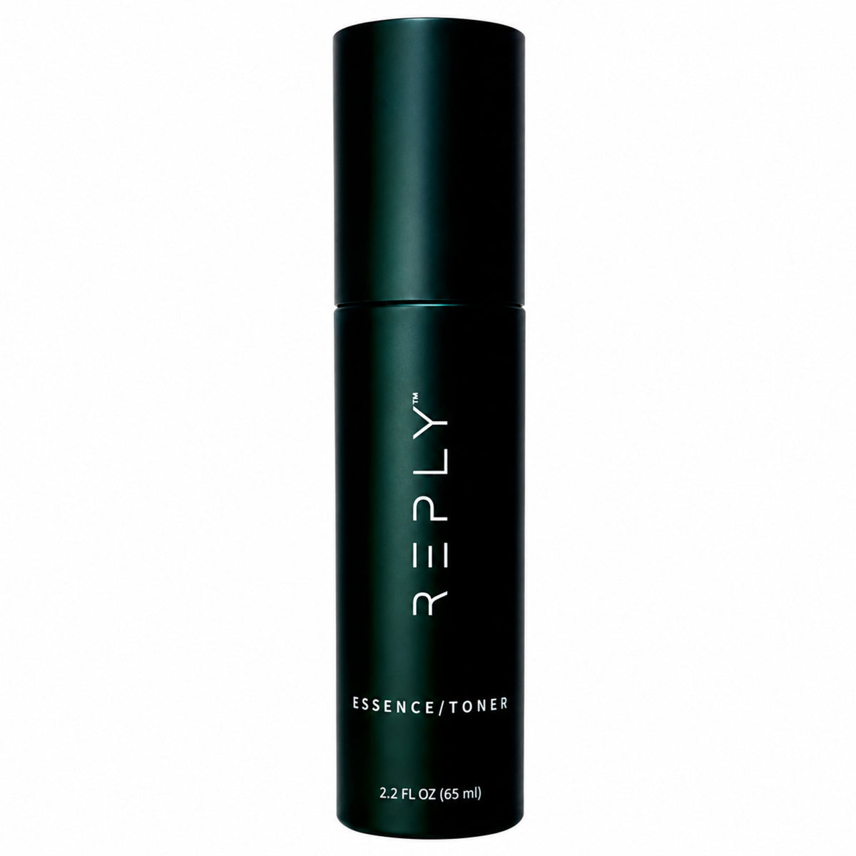 A dark green cylindrical bottle of REPLY Essence/Toner with white text, shown on a plain white background.