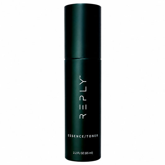 A dark green cylindrical bottle of REPLY Essence/Toner with white text, shown on a plain white background.