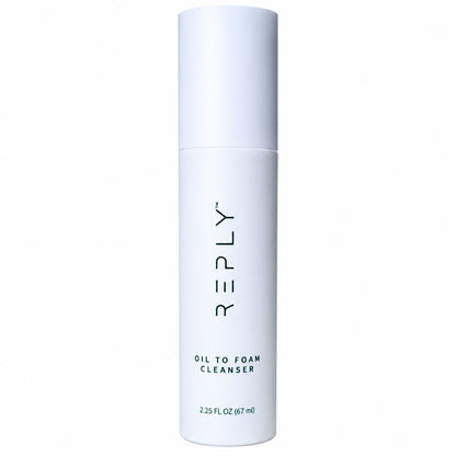 AIM Reply Oil to Foam Cleanser in a white bottle, 2.25 fl oz (67 ml), designed to cleanse skin by combining oil-based and foaming cleansing action.