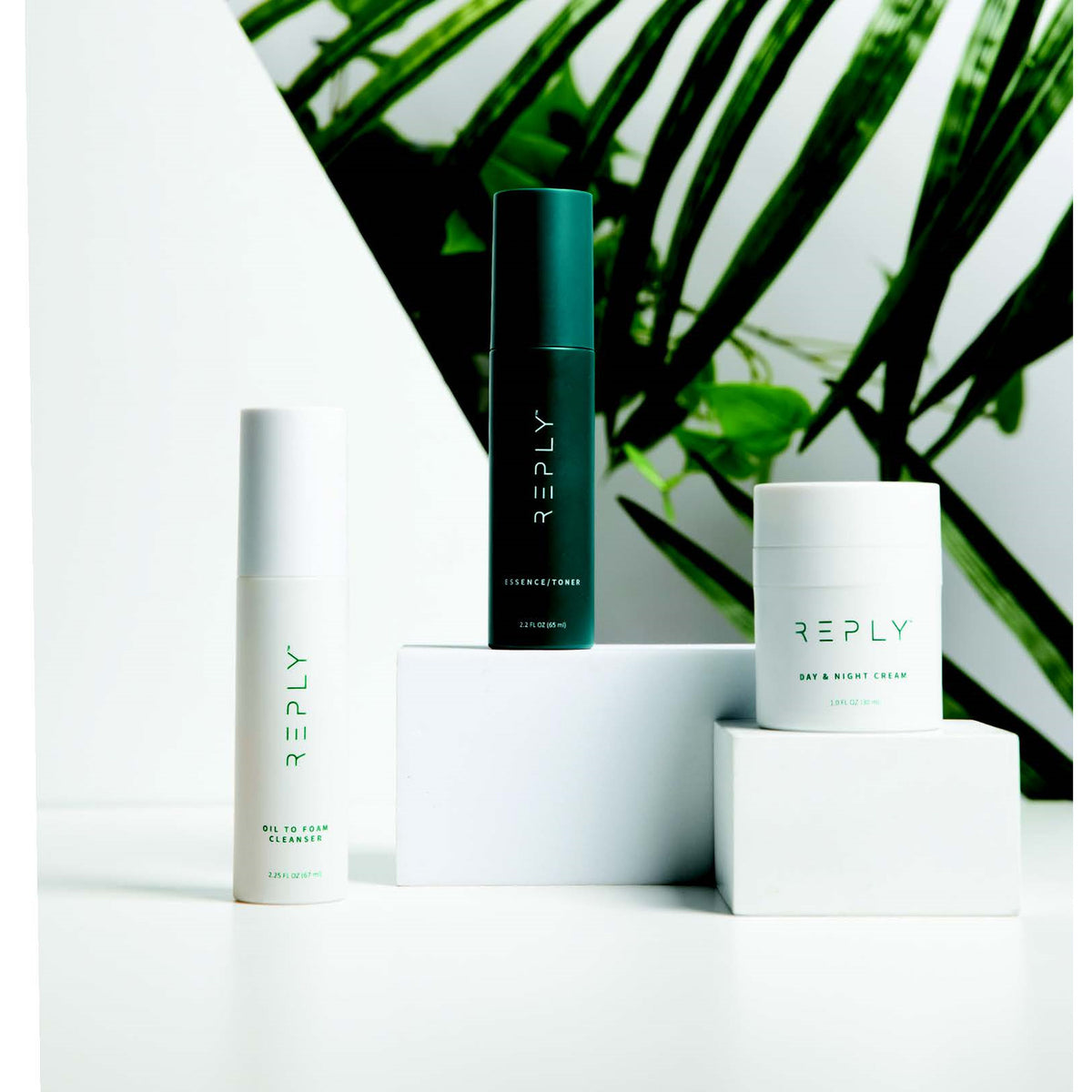 AIM Reply skincare trio featuring Oil to Foam Cleanser, Essence/Toner, and Day & Night Cream displayed against a green botanical background.
