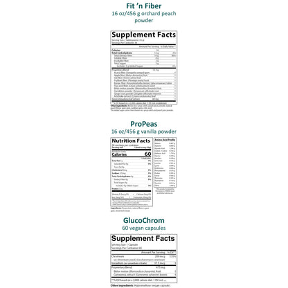Supplement facts and nutrition information for AIM Fit ’n Fiber orchard peach powder, ProPeas vanilla plant protein powder, and GlucoChrom vegan capsules, including serving sizes, nutritional values, ingredients, and active ingredients.