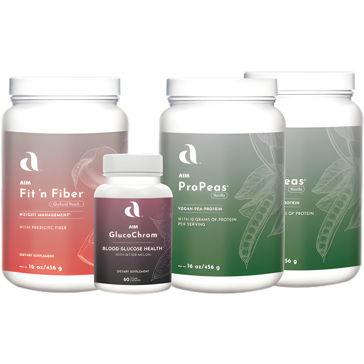 AIM weight management supplement pack featuring Fit ’n Fiber orchard peach fiber powder, GlucoChrom vegan capsules for blood glucose health, and two containers of ProPeas vanilla plant protein powder.