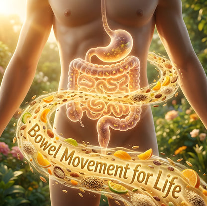 A stylized digital illustration of a human torso with a glowing anatomical digestive system in the center, surrounded by floating seeds, grains, citrus slices, and herbs. The text 'Bowel Movement for Life' is written across the foreground, with a blurred garden background.